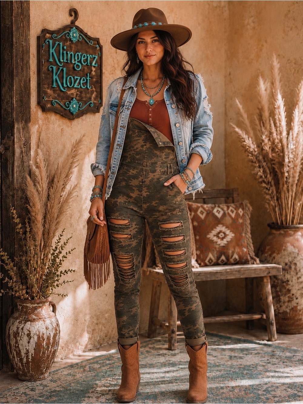 High-Waist Camo Distressed Women’s Overalls - Olive Camo